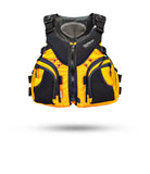 Stohlquist yellow kayak life jacket with zipper and storage pockets on white background