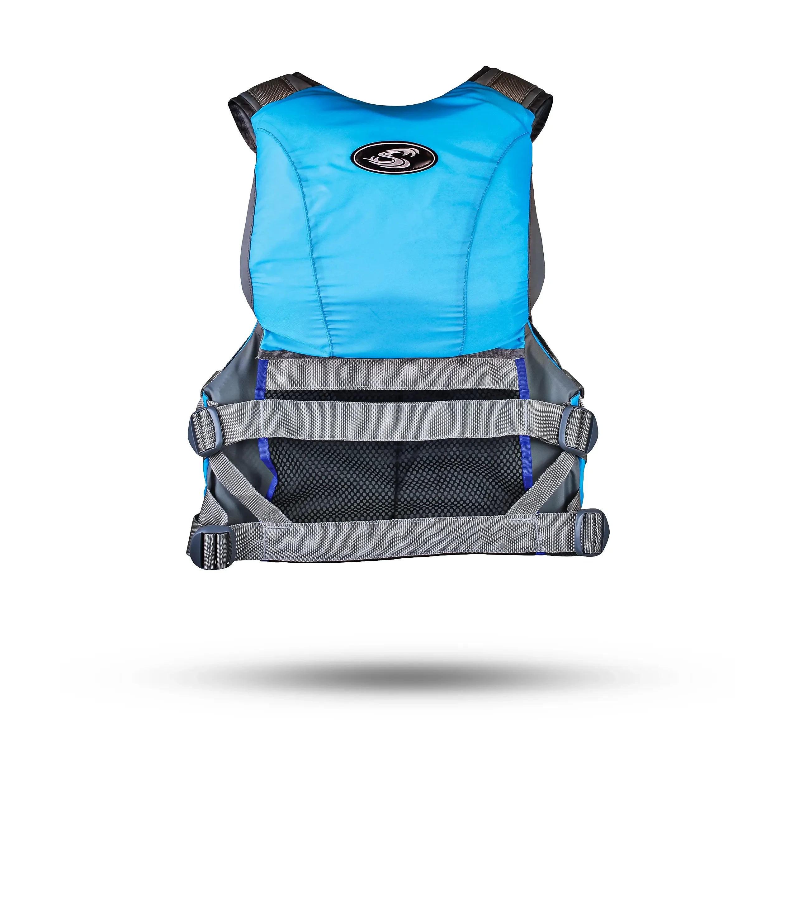 Back view of Stohlquist blue kayaking life jacket with adjustable straps and mesh panel