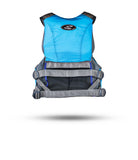 Back view of Stohlquist blue kayaking life jacket with adjustable straps and mesh panel
