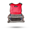 Back view of Stohlquist red kayaking life jacket with adjustable grey straps