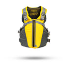 Stohlquist yellow and gray kayaking life jacket with front zipper and adjustable straps