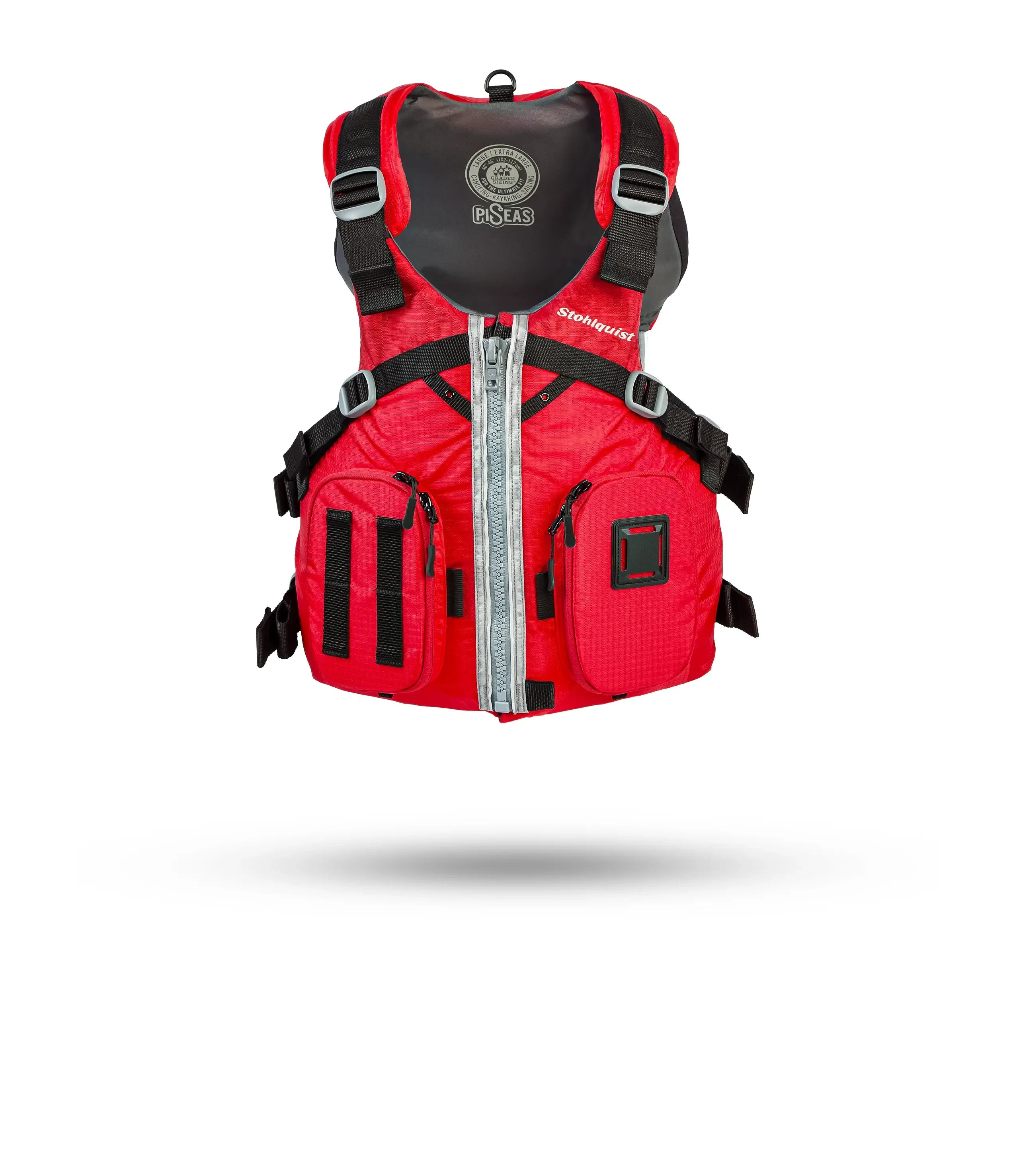 Stohlquist PiSEAS red kayak fishing life jacket with front pockets and adjustable straps.