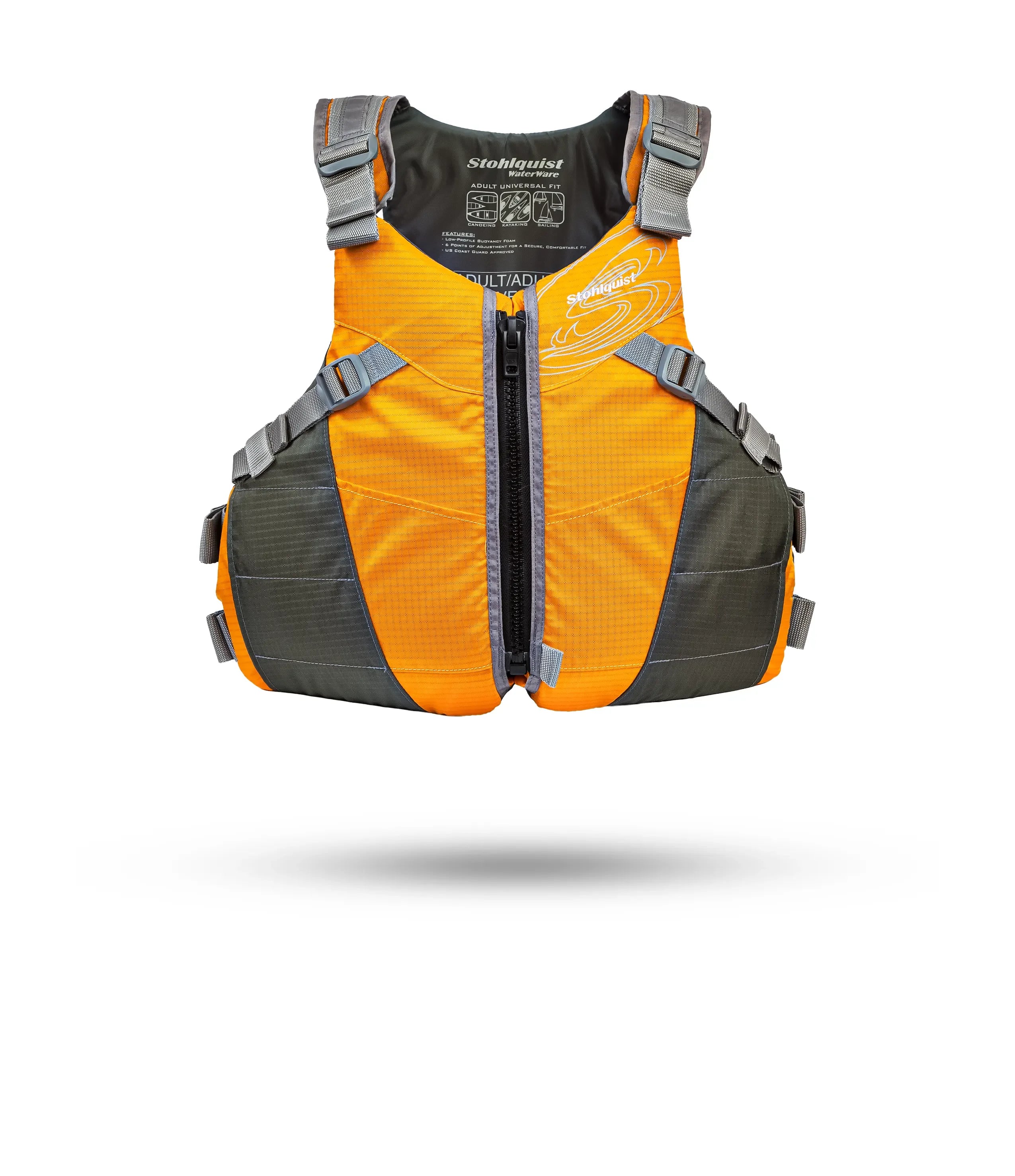 Stohlquist orange and gray kayaking life jacket with front zipper and adjustable straps