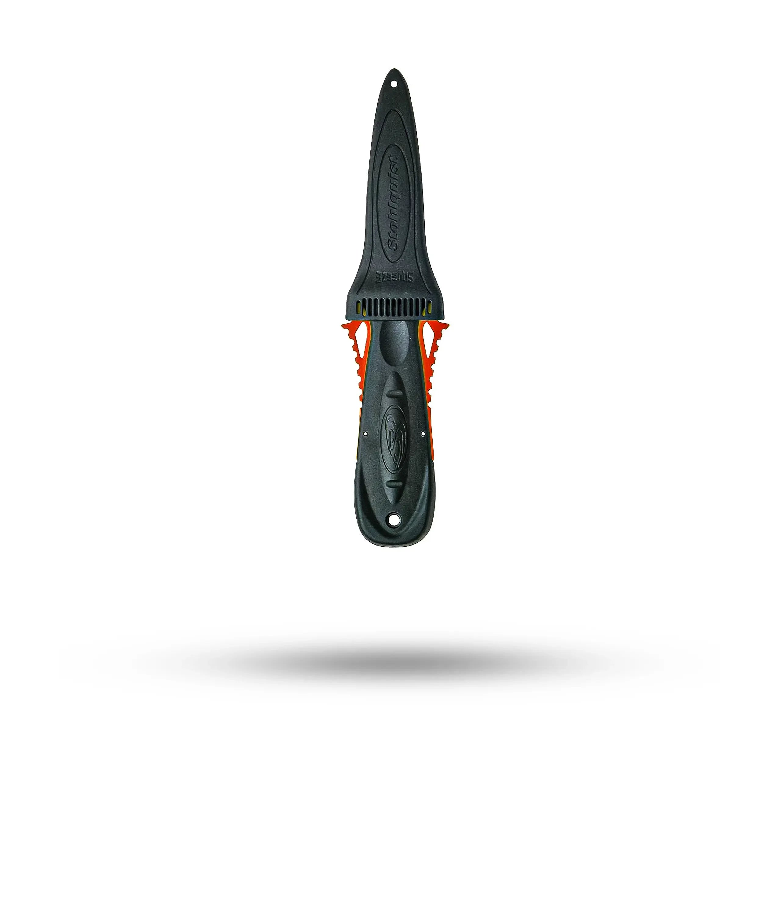 Stohlquist SqueezeLock red kayak safety knife with black sheath on white background