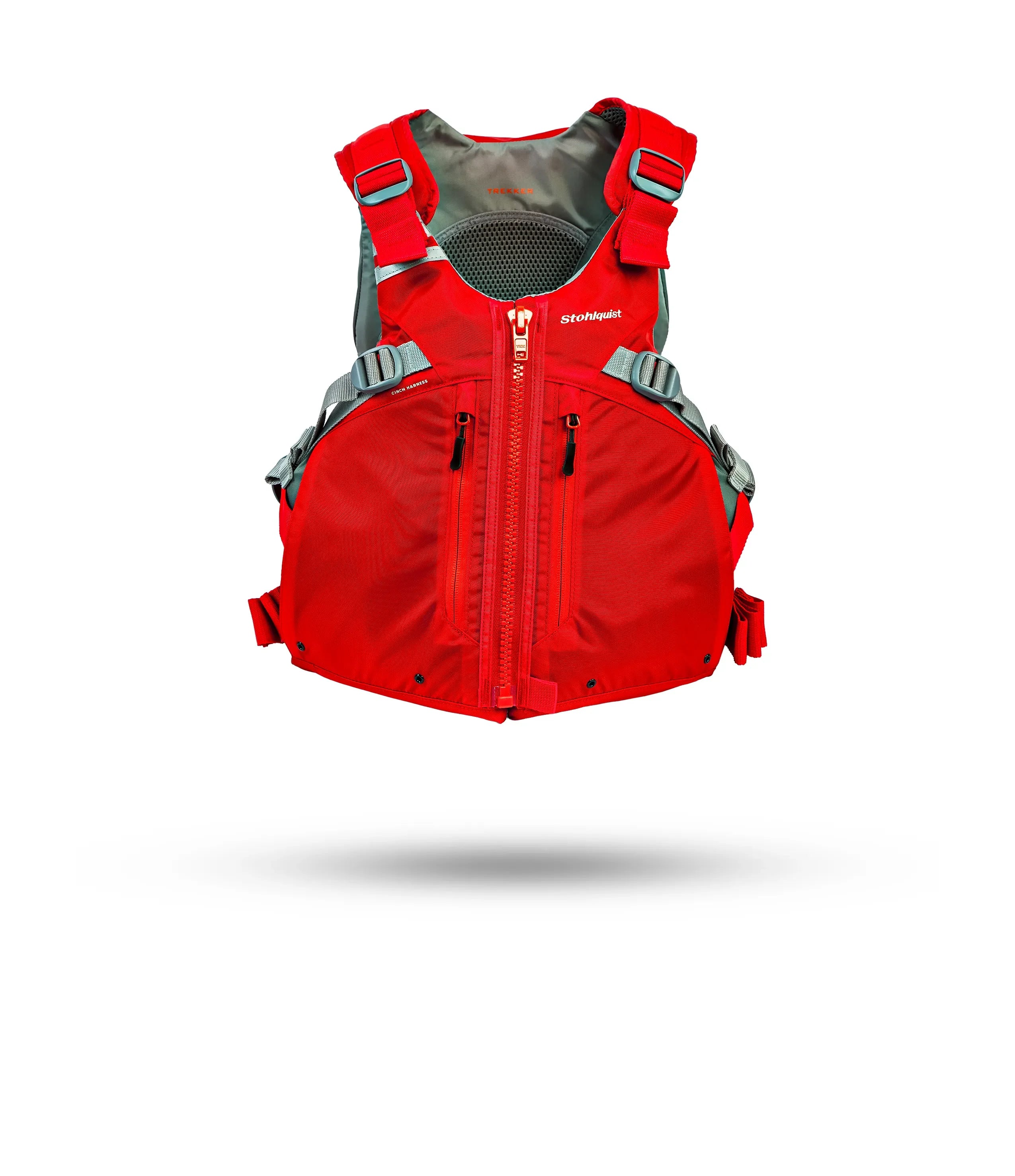 Stohlquist red kayaking life jacket with front zipper and adjustable straps, product photo