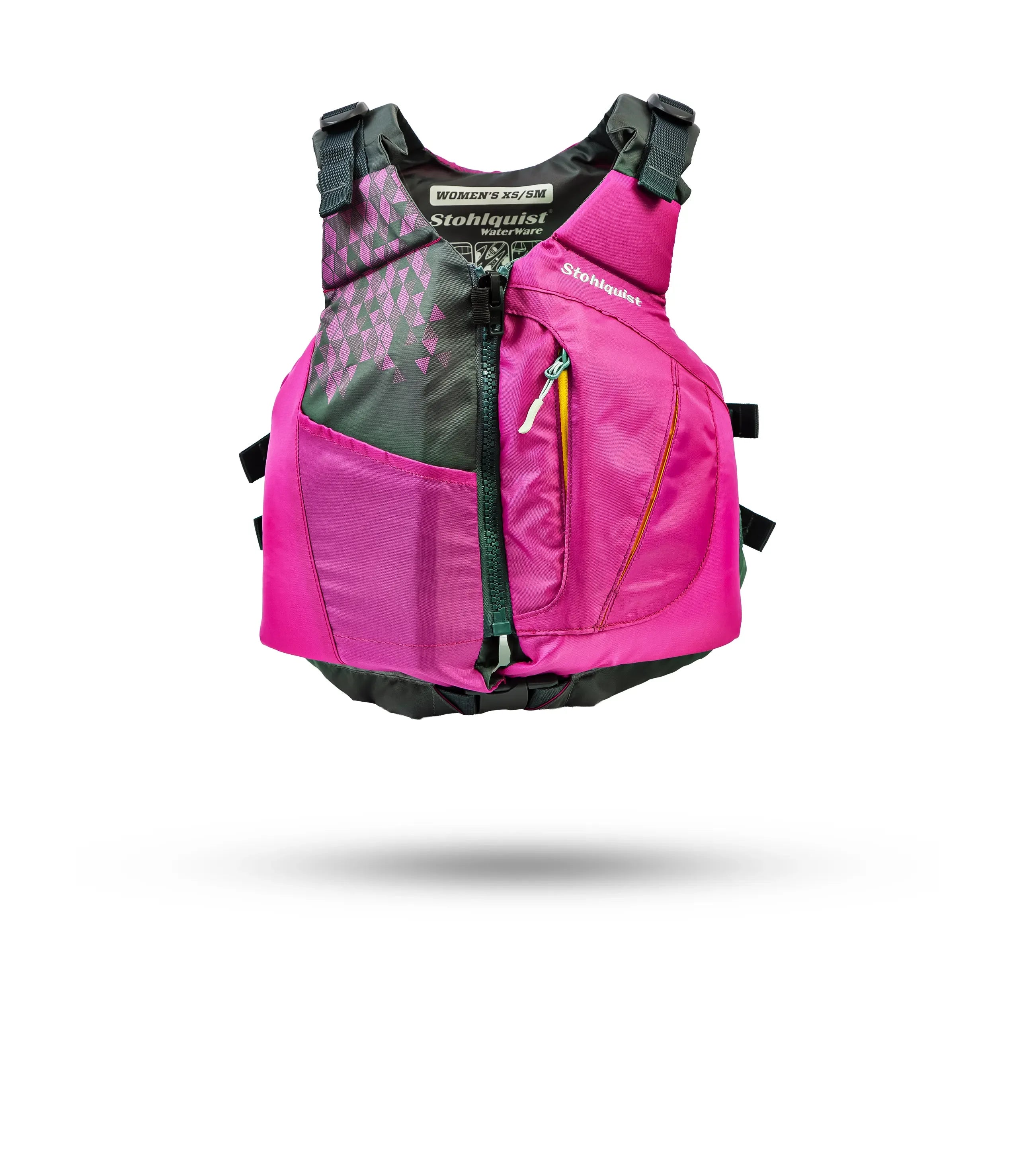 Stohlquist women's violet kayaking life jacket with front zipper and geometric pattern