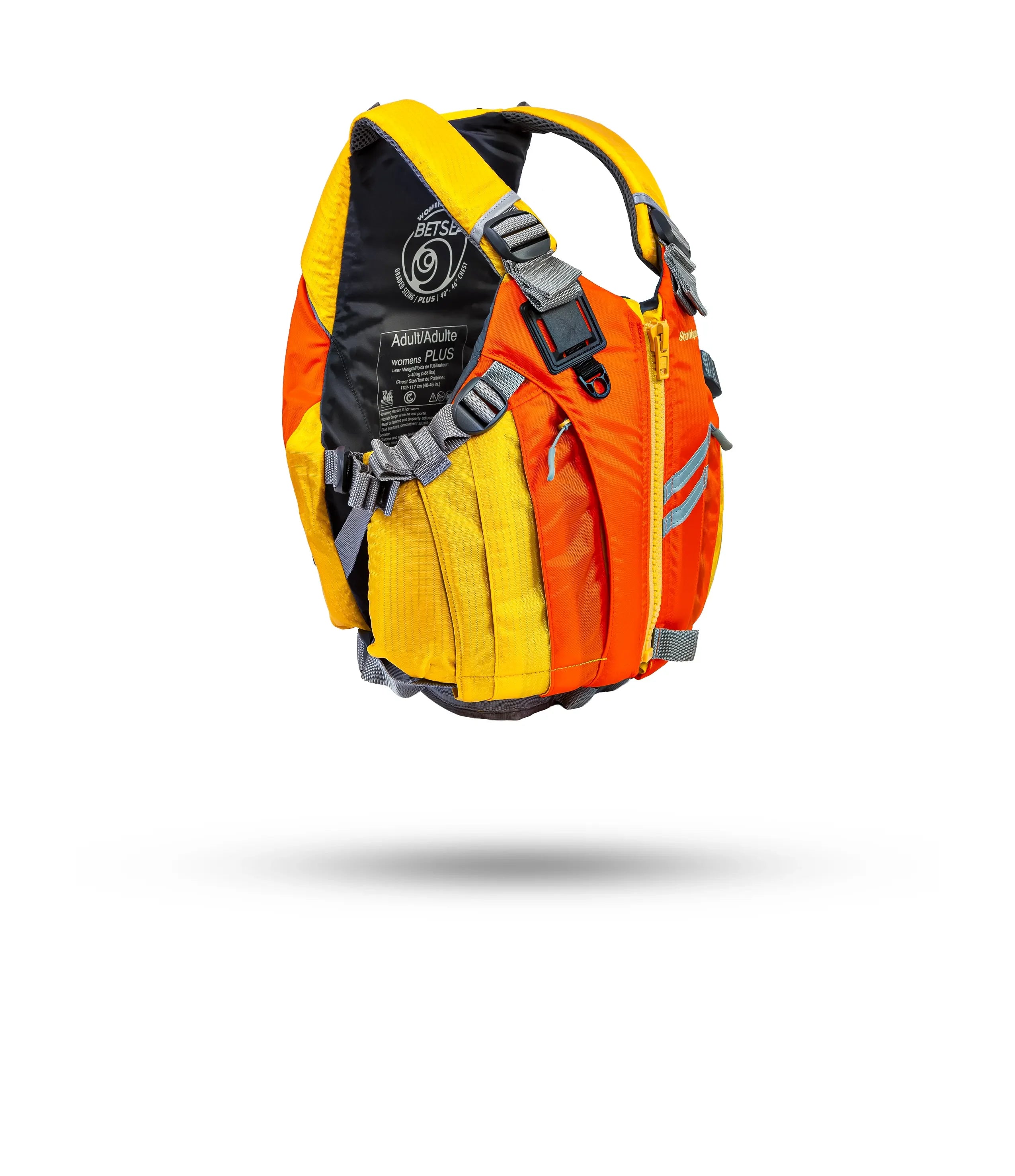 Stohlquist Betsea Flame women's kayak life jacket in orange and yellow, safety gear
