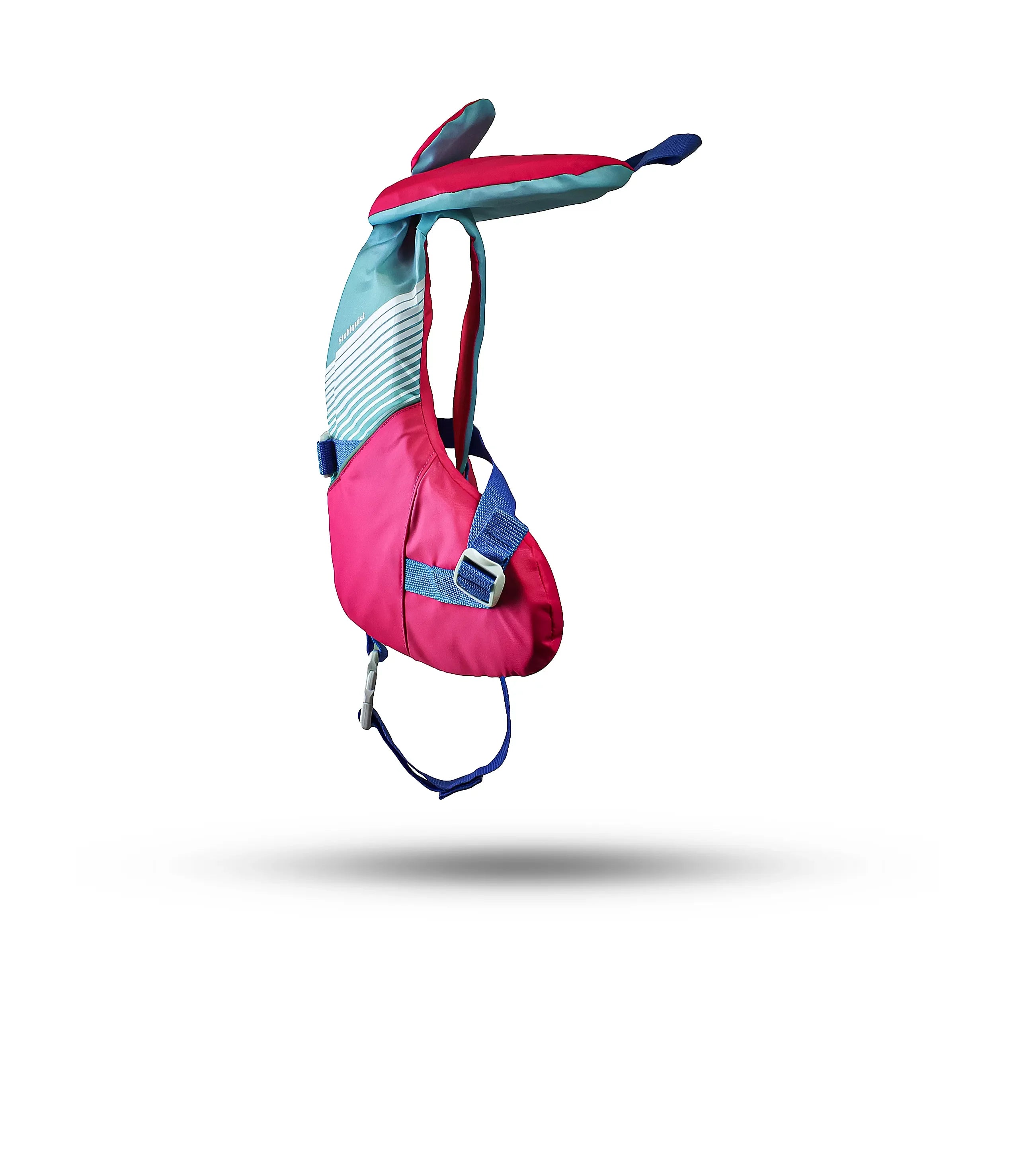 Stohlquist child aqua pink life jacket with blue straps, side view on white background.