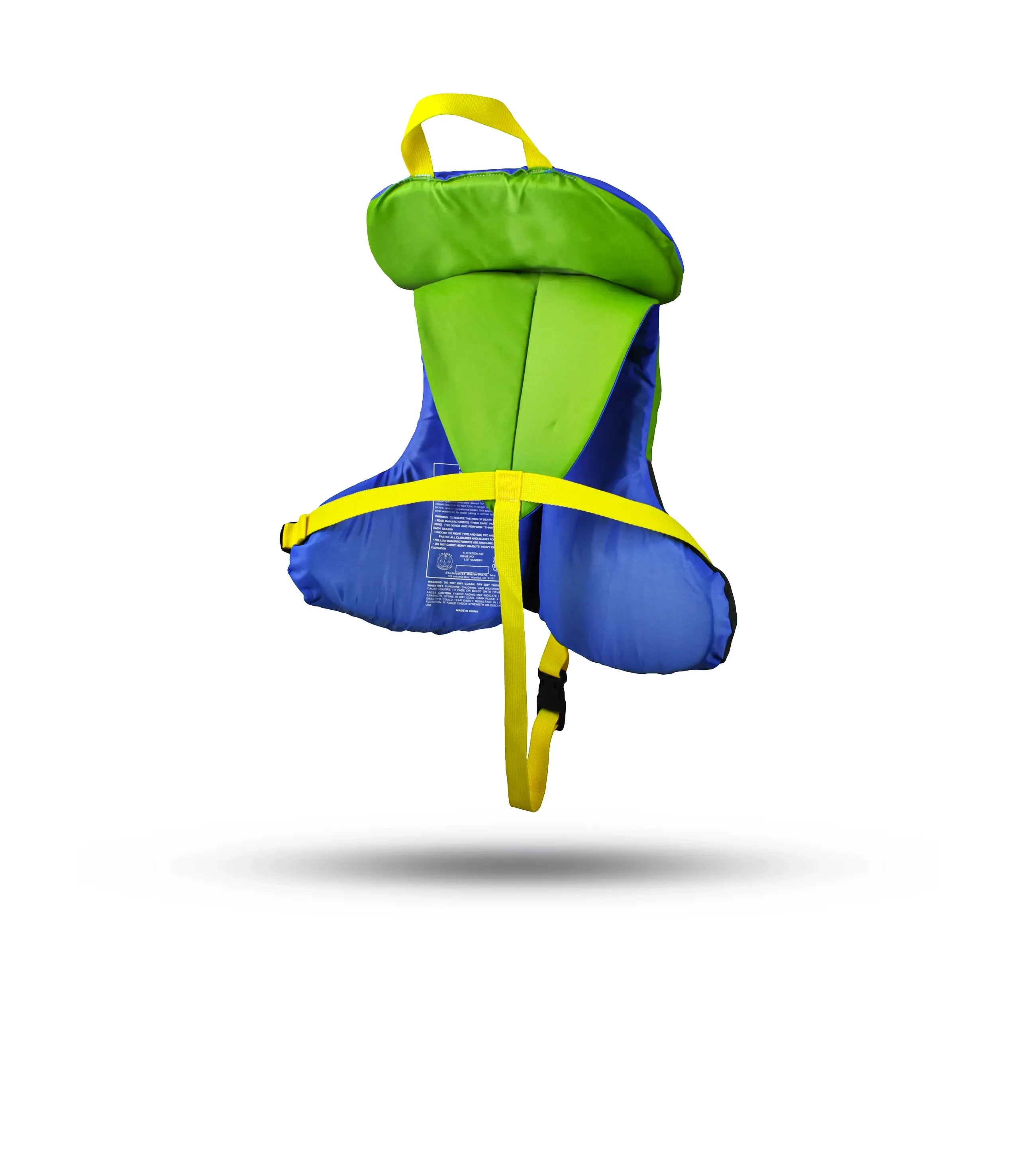 Stohlquist child green and blue life jacket with yellow straps, back view on white background