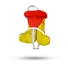 Stohlquist child life jacket in orange and yellow, back view with safety straps, isolated on white