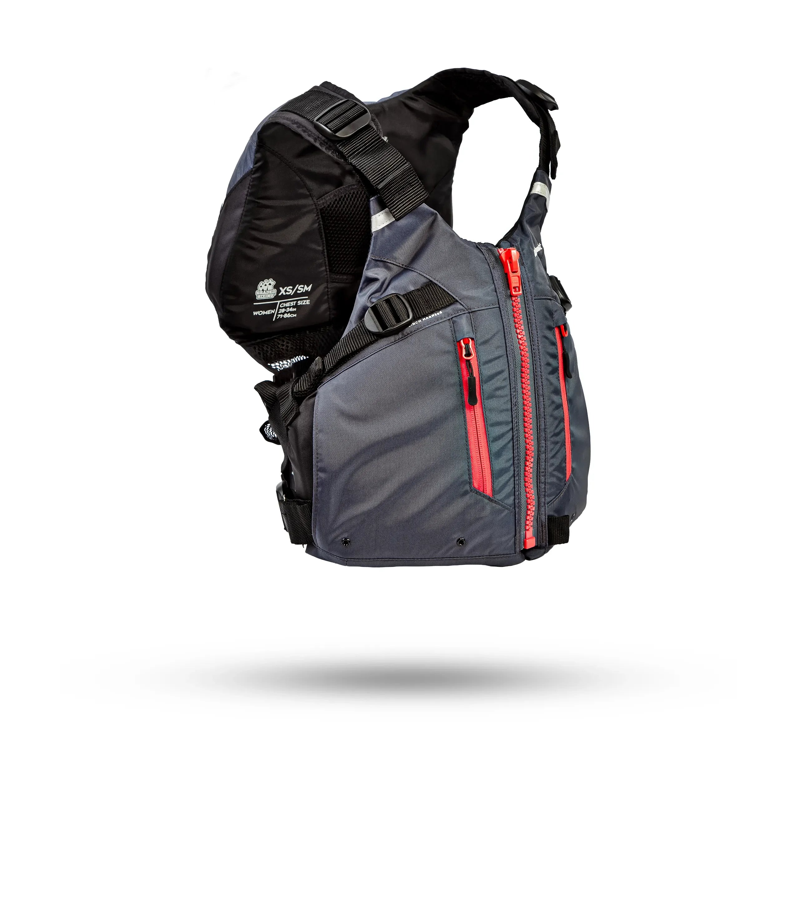 Stohlquist gray and coral women's kayaking life jacket with front zipper and pockets