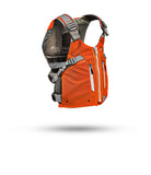 Stohlquist orange and gray kayaking life jacket with pockets and straps, side view