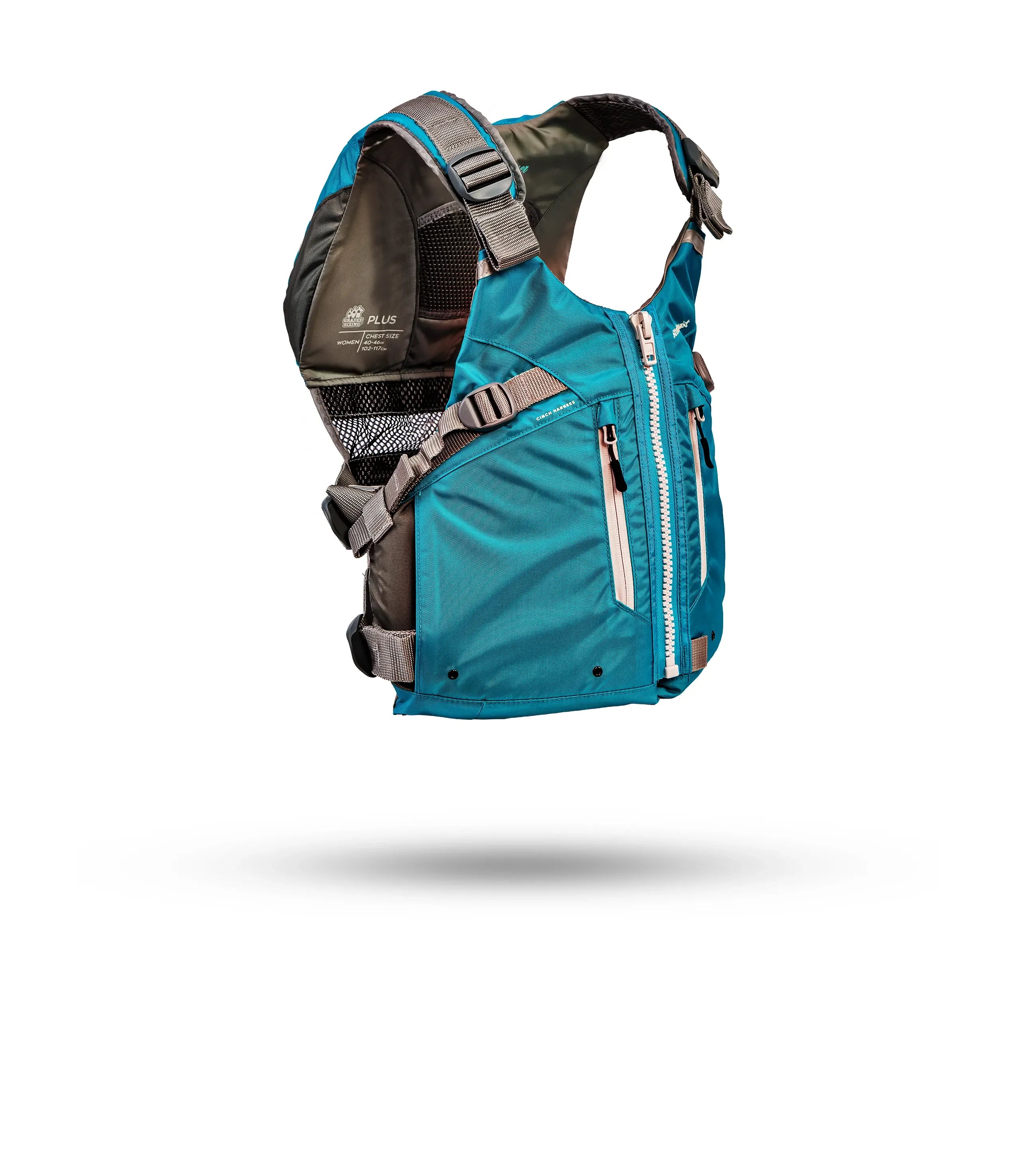 Stohlquist turquoise and gray kayaking life jacket with zippered pockets, side view