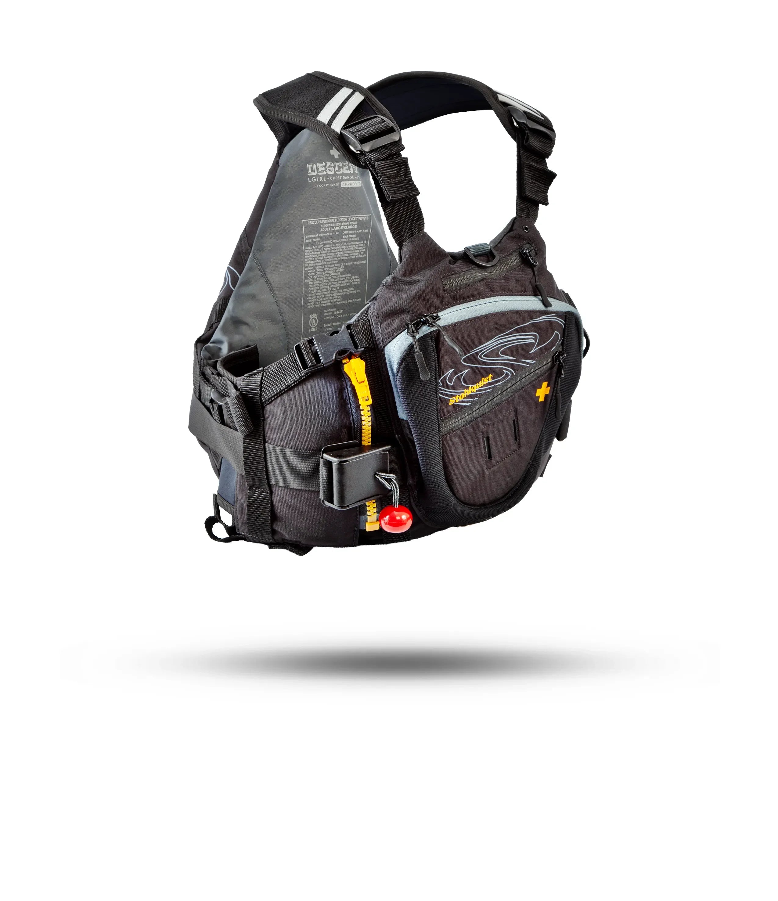 Stohlquist black kayak life jacket with safety straps and zippered front pocket