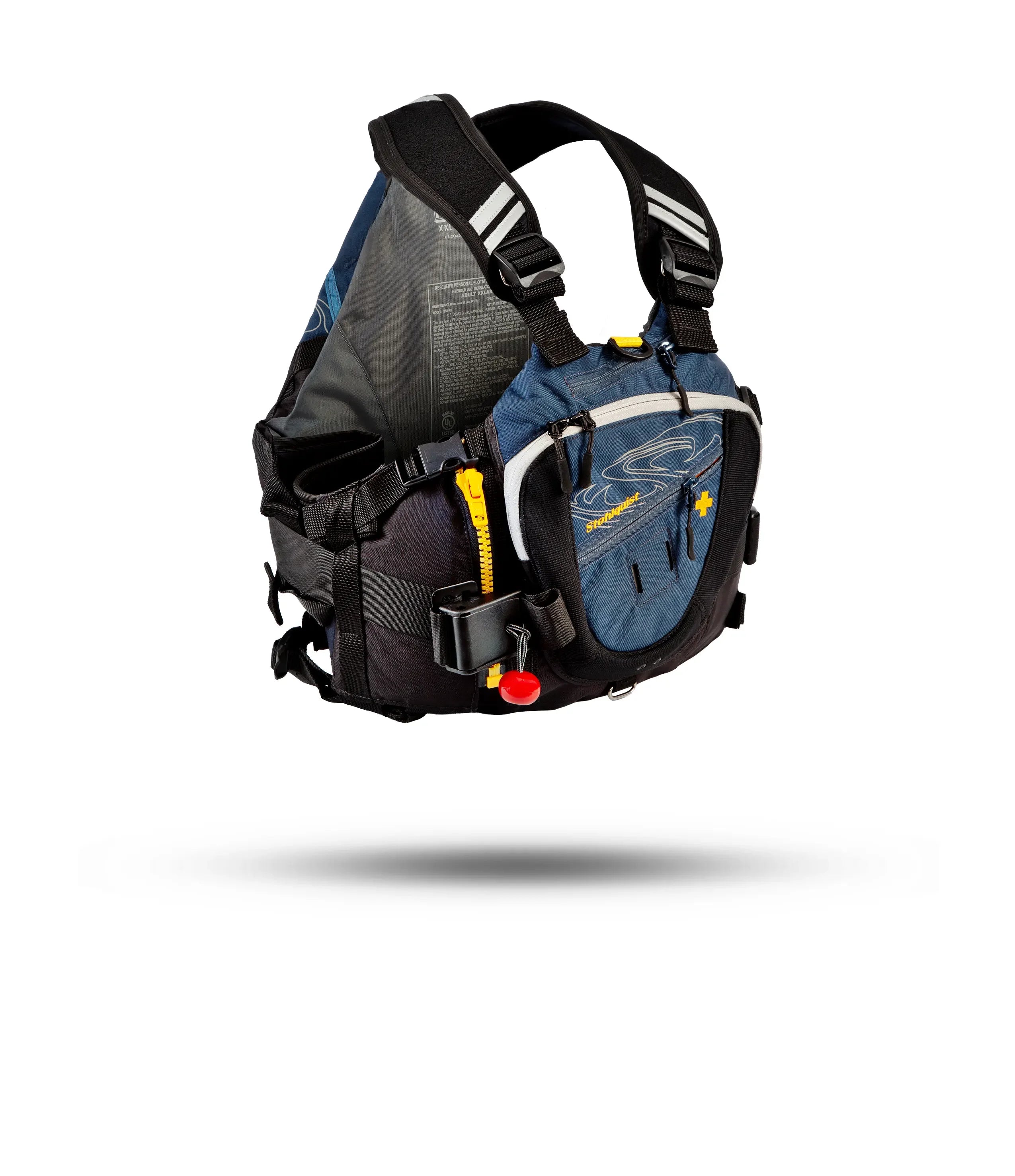 Stohlquist navy blue paddling life jacket with safety features and utility pockets