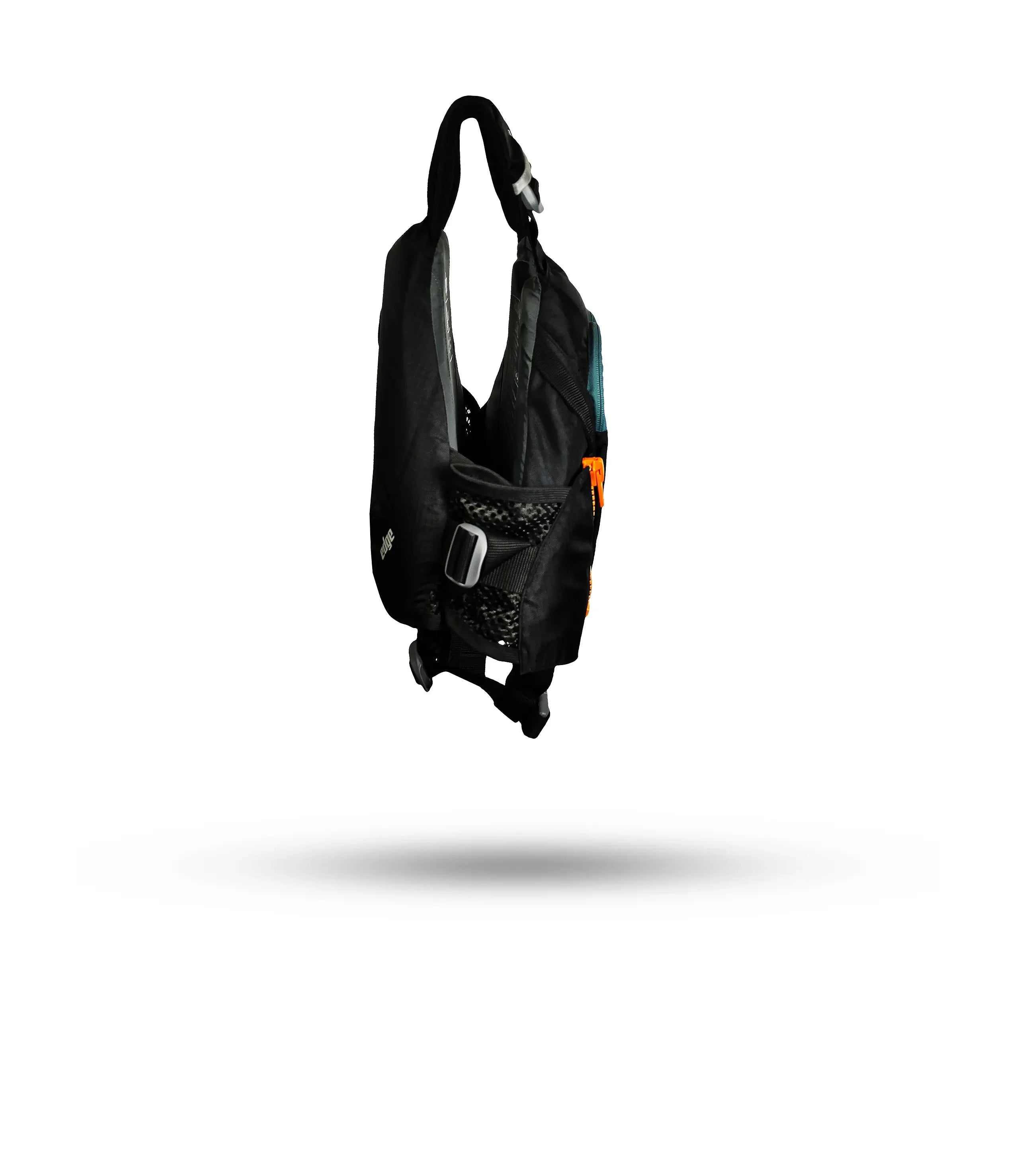 Stohlquist black kayaking life jacket with mesh pocket and adjustable straps, side view