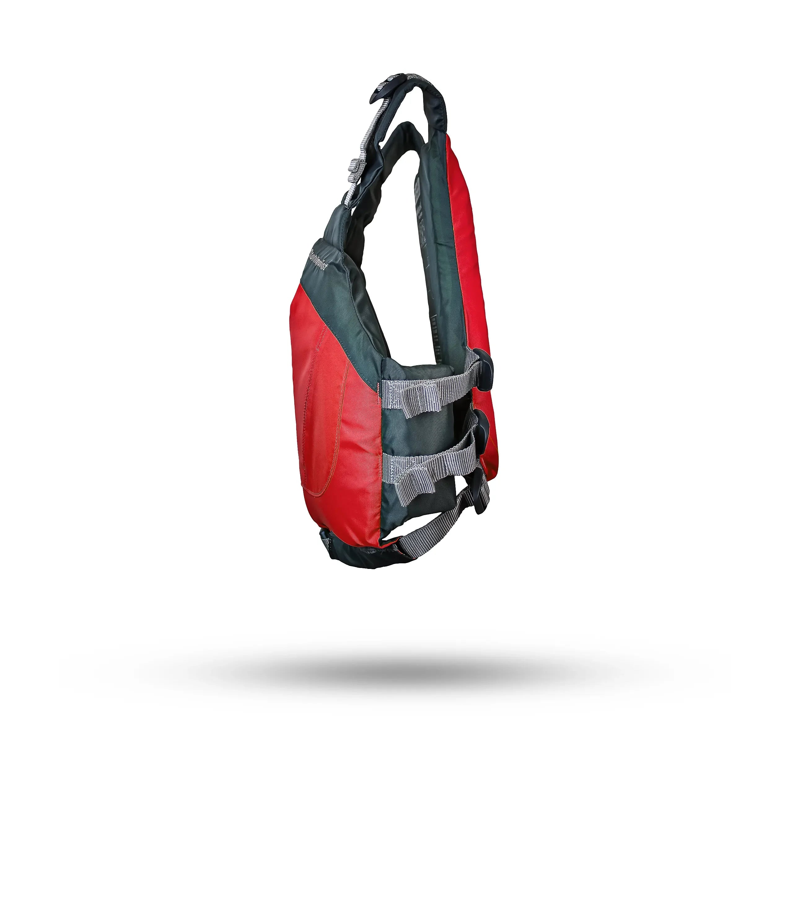 Stohlquist red youth kayaking life jacket with adjustable straps, side view on white background