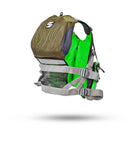 Stohlquist green fishing life jacket with mesh pocket and adjustable straps, side view