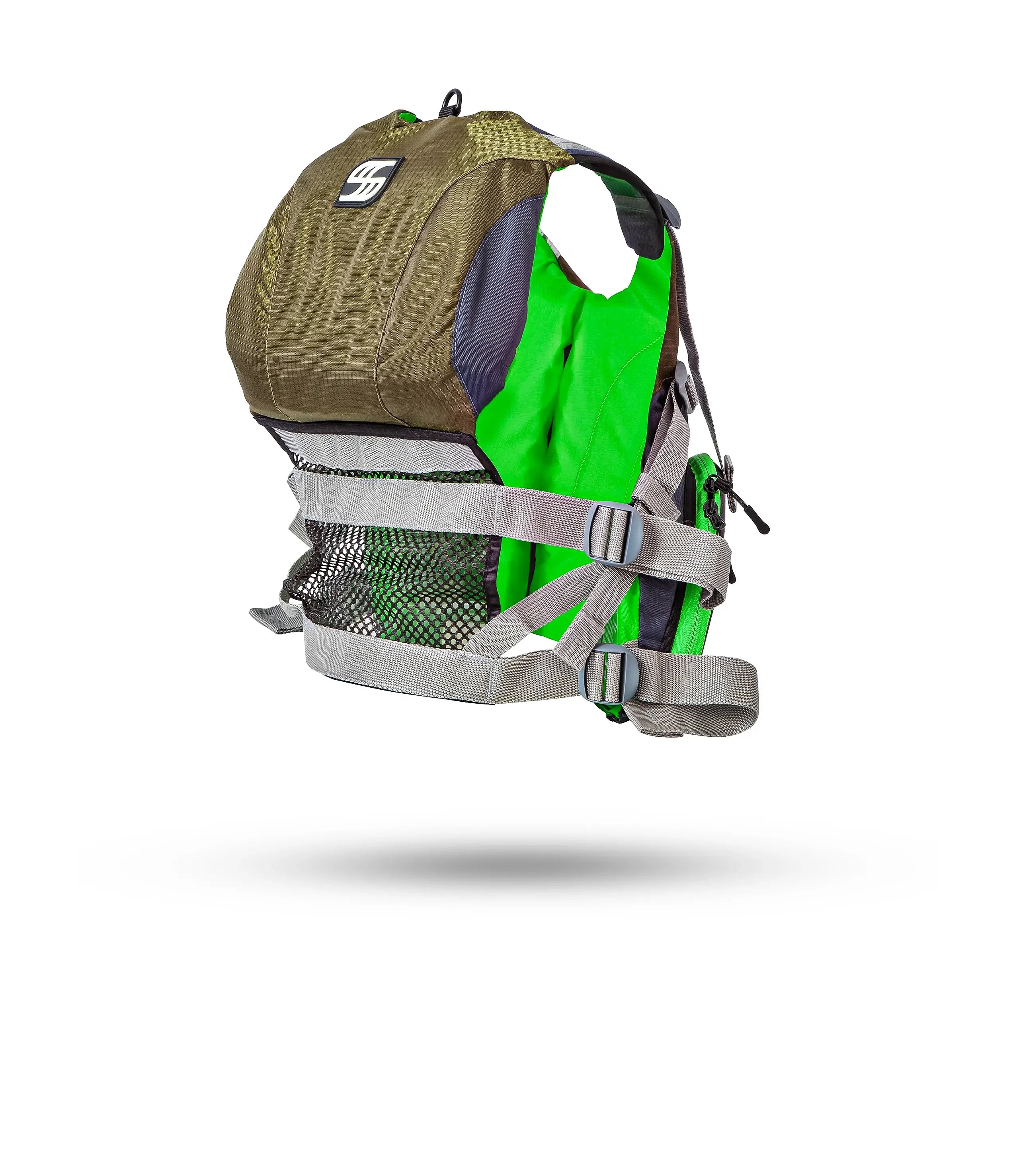 Stohlquist green fishing life jacket with mesh pocket and adjustable straps, side view