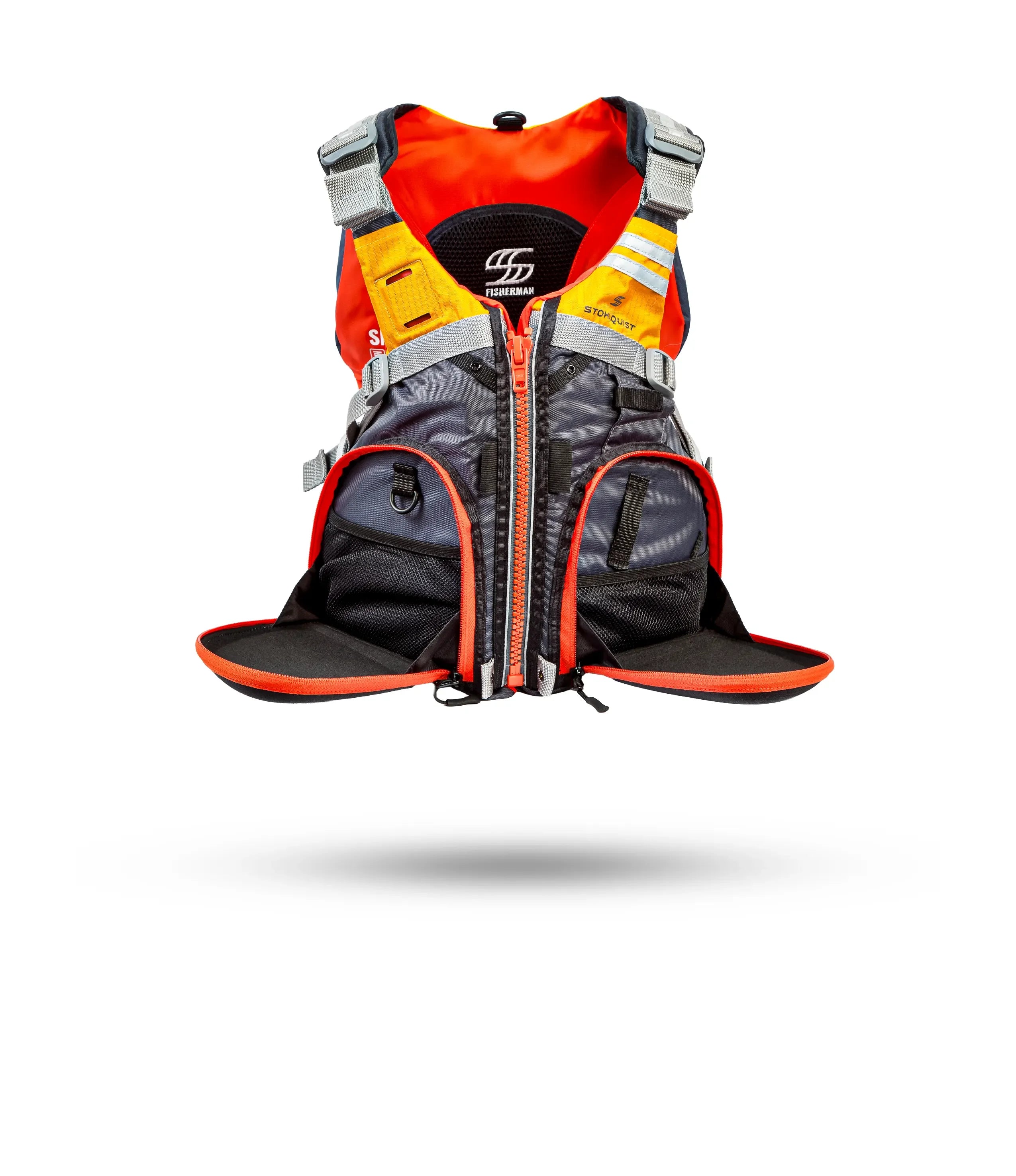 Stohlquist Fisherman kayaking and fishing life jacket with orange and gray pockets