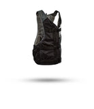 Stohlquist youth kayak life jacket in gray and black, side view, floating on white background