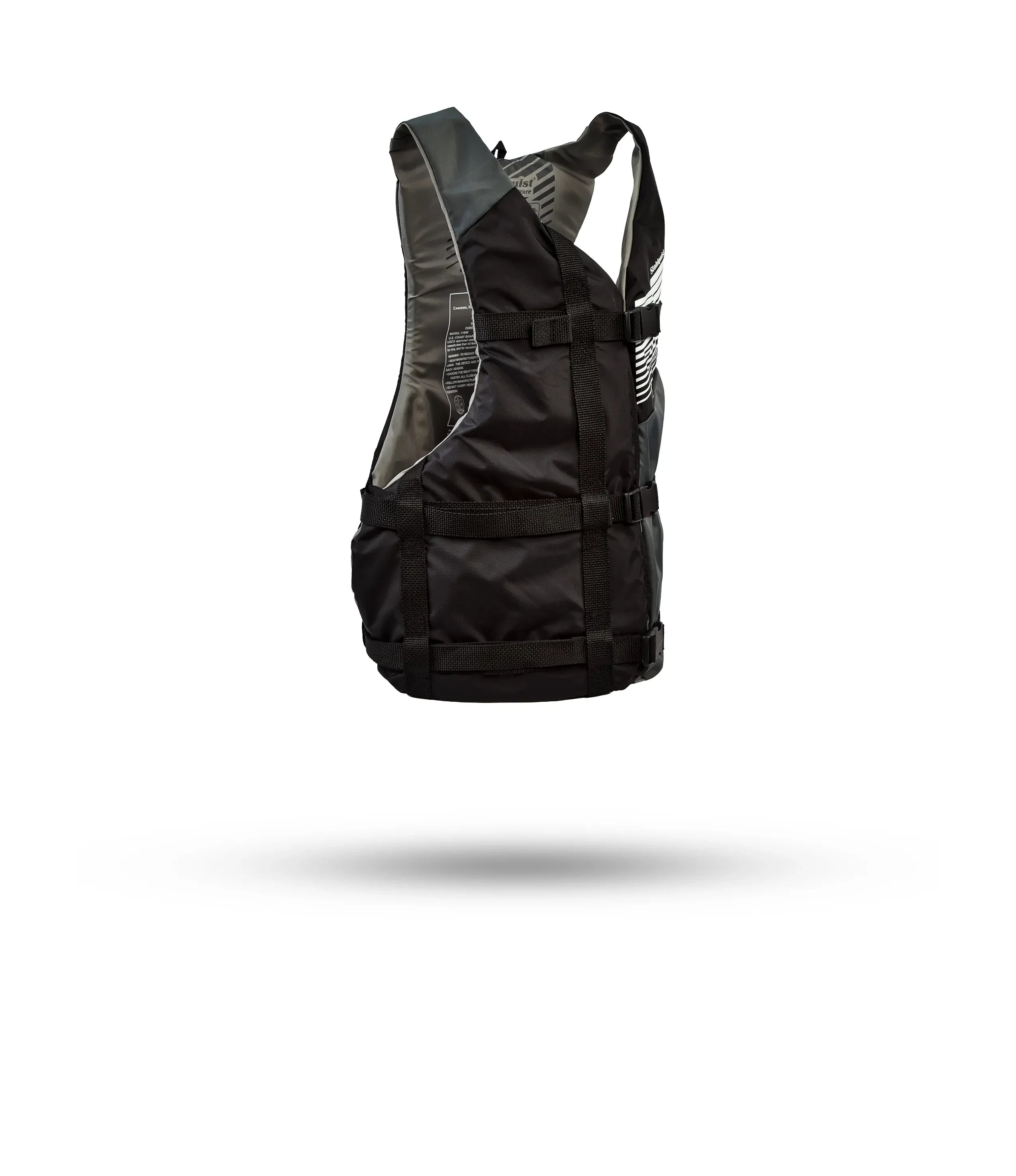 Stohlquist youth kayak life jacket in gray and black, side view, floating on white background