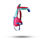 Stohlquist infant aqua pink life jacket with blue straps, side view on white background