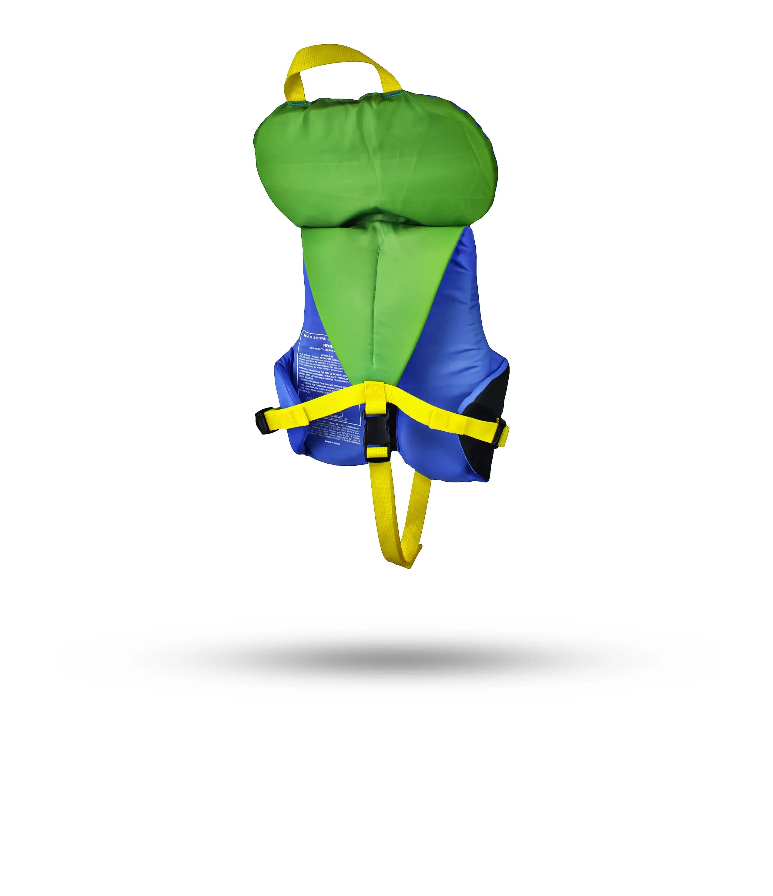 Stohlquist infant green and blue life jacket with yellow straps, back view, isolated on white