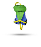 Stohlquist infant green and blue life jacket with yellow straps, back view, isolated on white