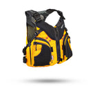 Stohlquist yellow kayak life jacket with black mesh and zippered pockets on white background