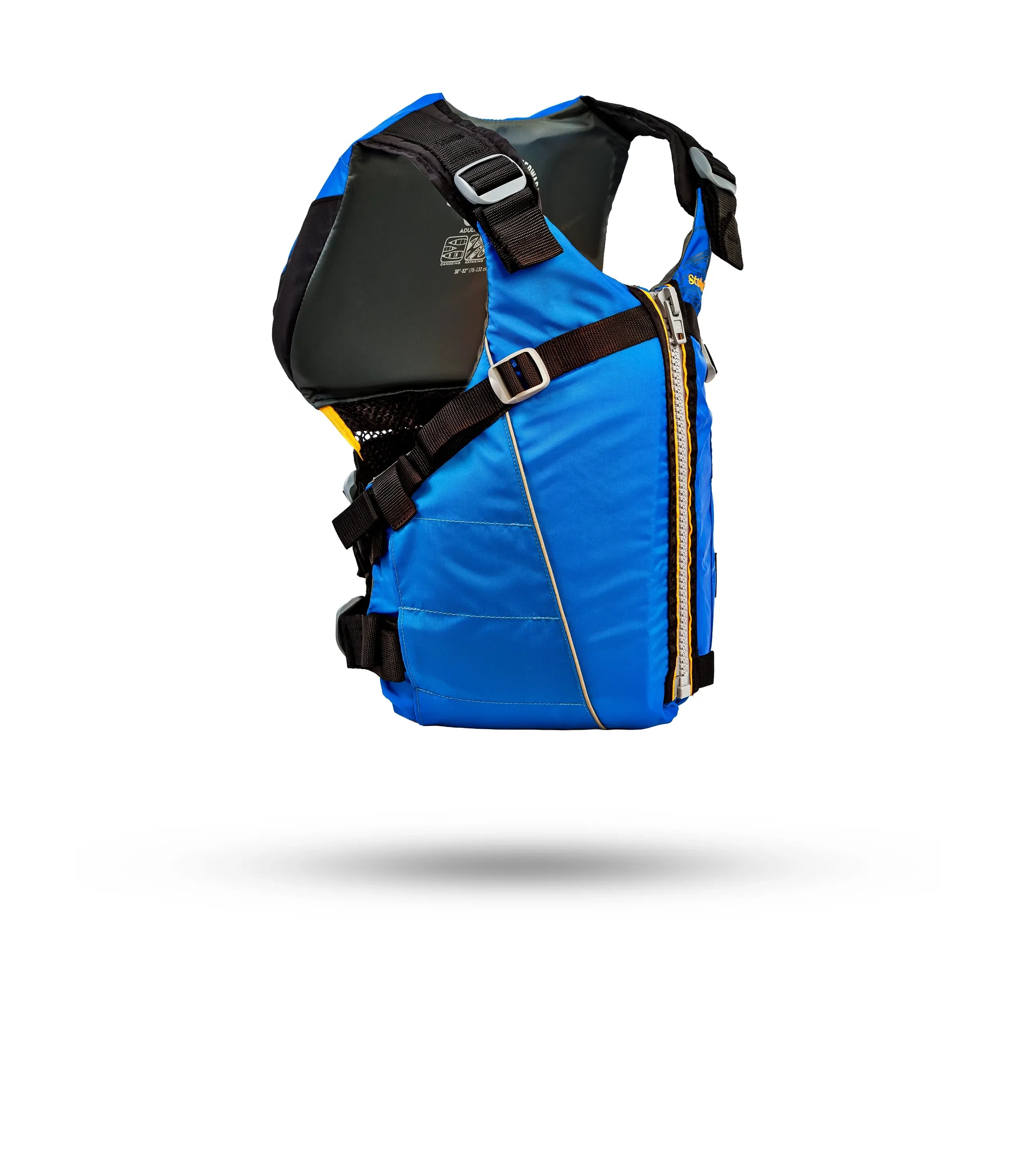 Stohlquist blue kayaking life jacket with side zipper and adjustable straps on white background