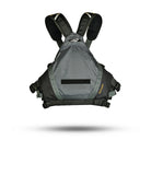 Stohlquist gray kayaking life jacket, back view, adjustable straps, safety gear