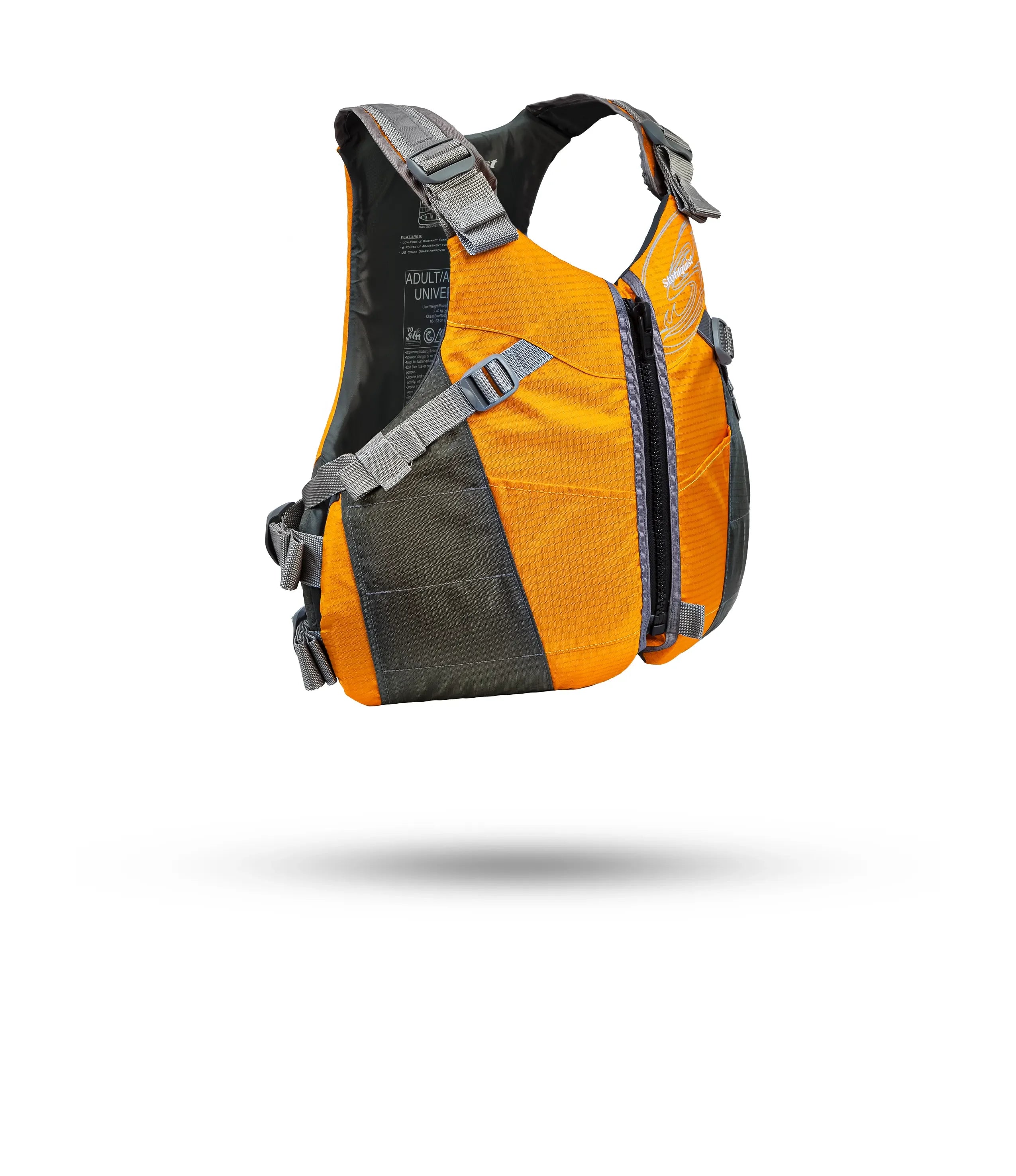 Stohlquist orange and gray kayaking life jacket with adjustable straps on white background