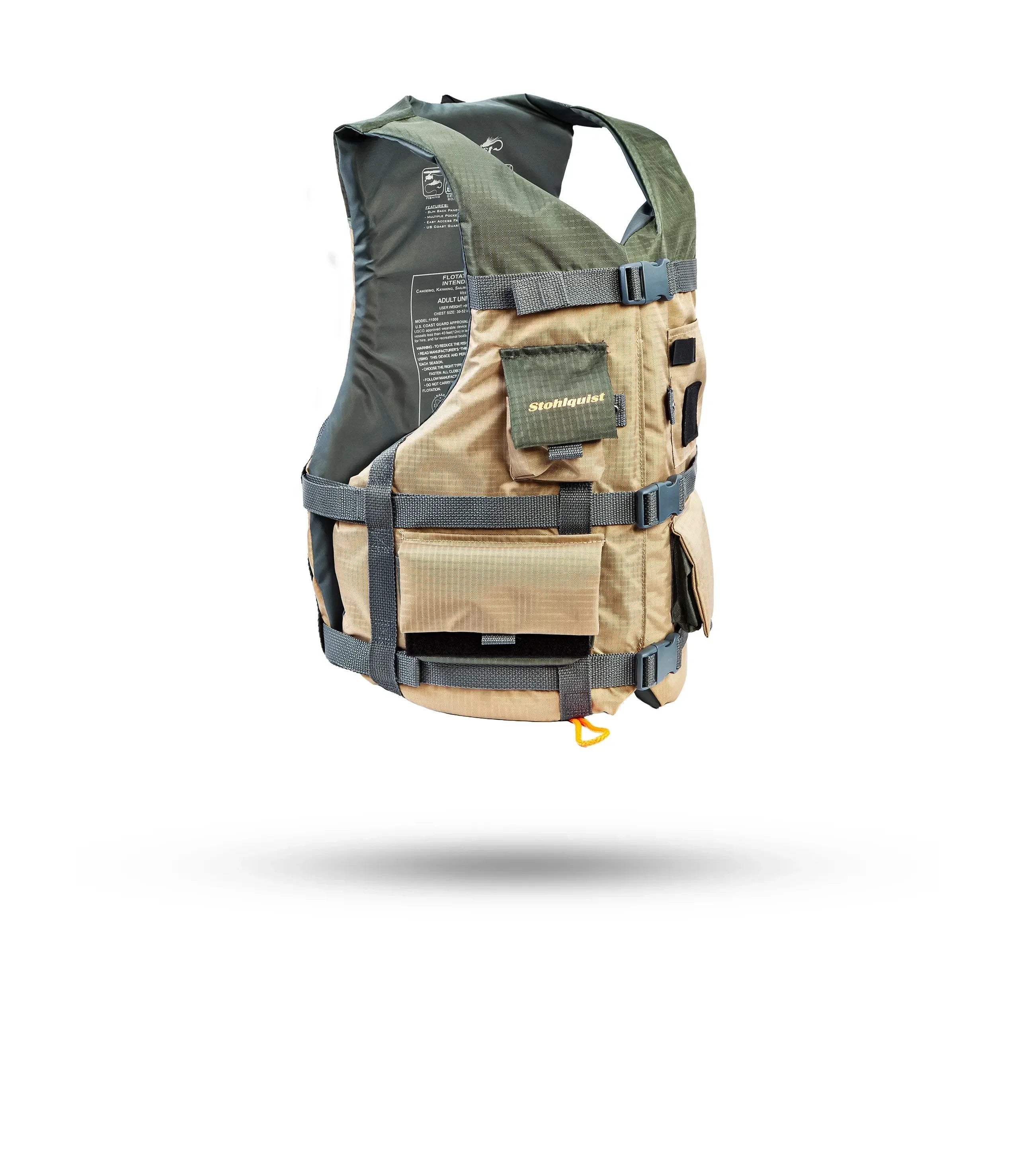 Stohlquist khaki paddling safety life jacket with pockets, side view on white background