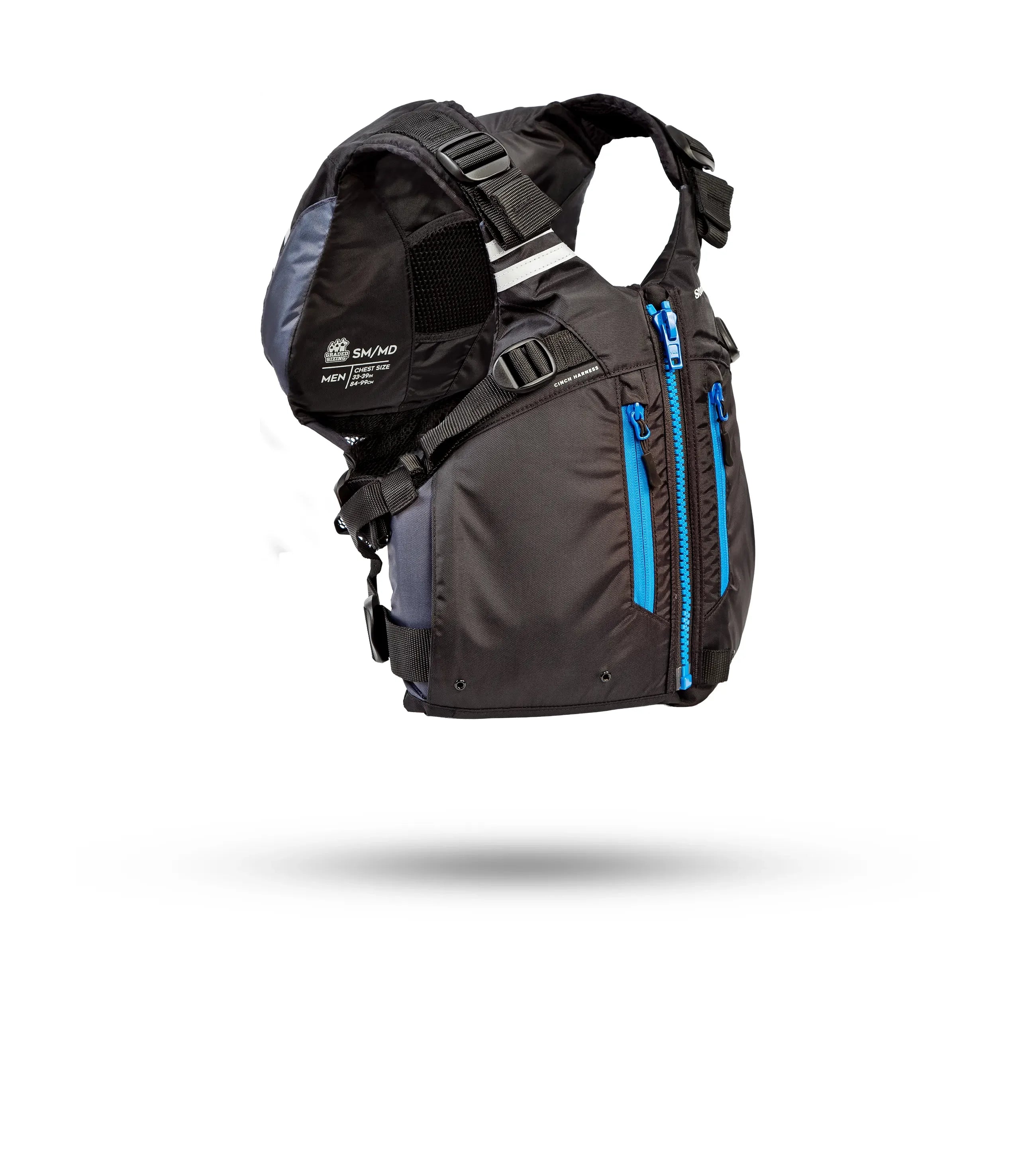 Stohlquist black kayaking life jacket with blue zippers, side view on white background