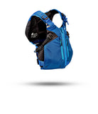 Stohlquist blue kayaking life jacket with zippered pockets and adjustable straps on white background