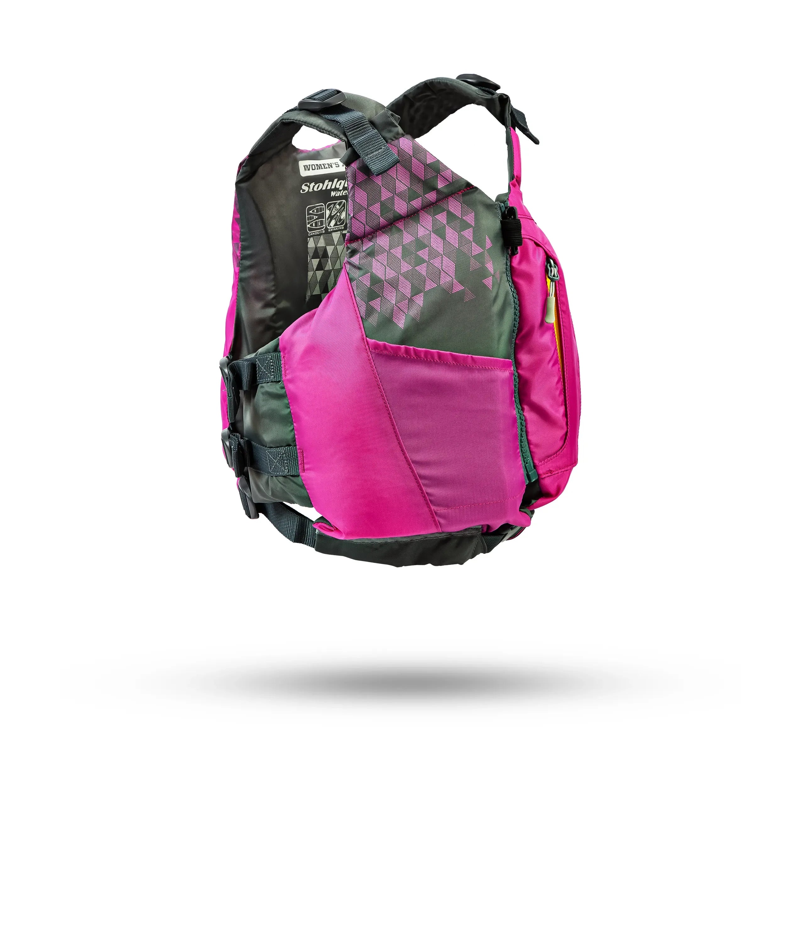 Stohlquist women's violet kayak PFD, side view, pink and gray color, paddling safety jacket