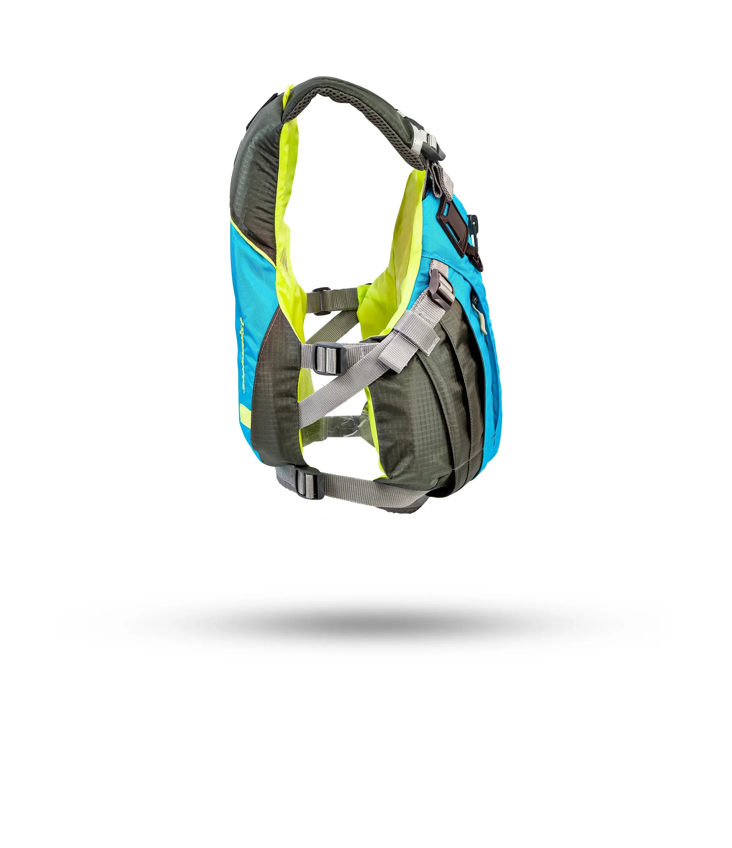 Stohlquist blue and gray kayaking life jacket with adjustable straps on white background