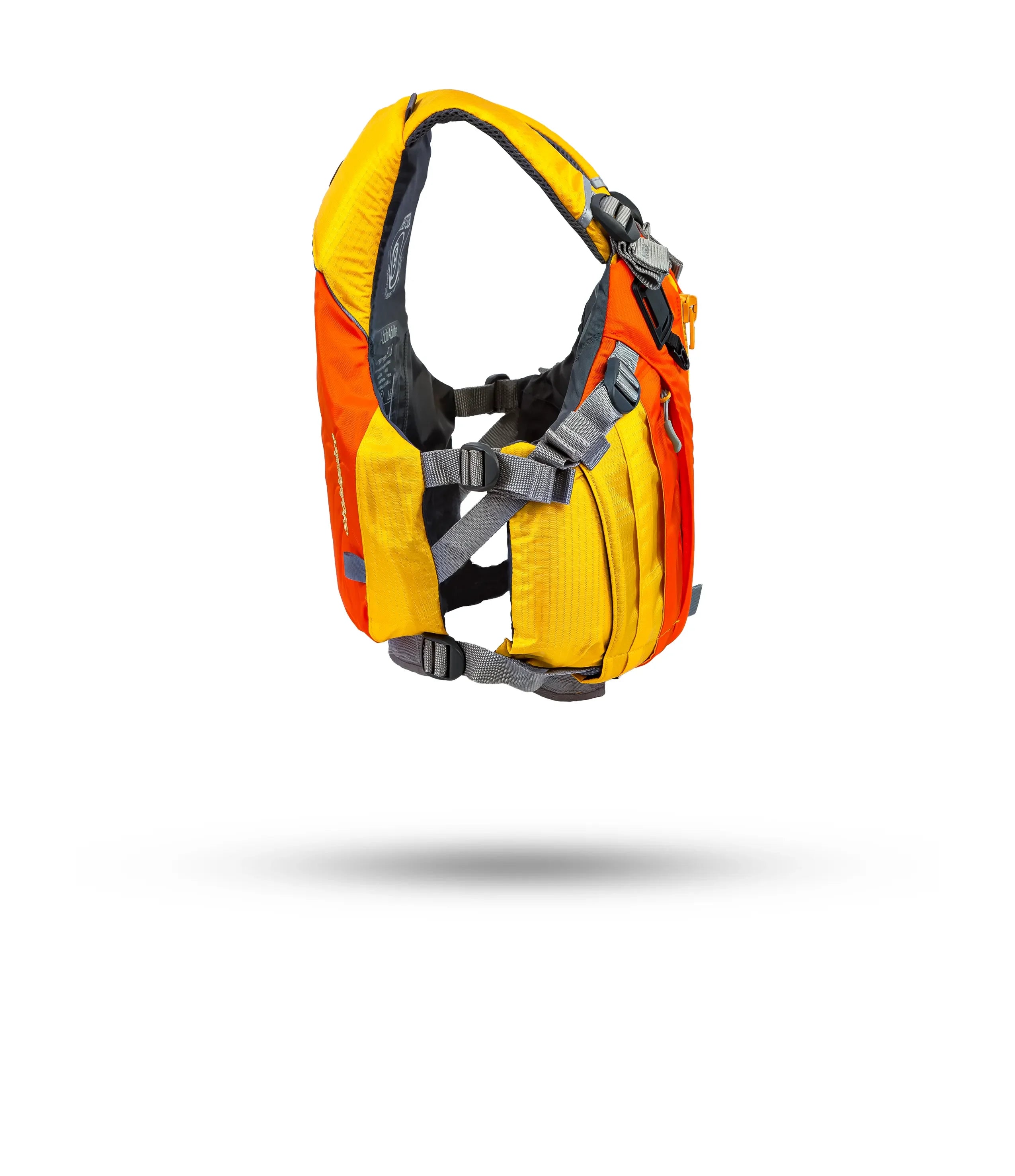 Stohlquist orange and yellow kayaking life jacket with adjustable straps, side view