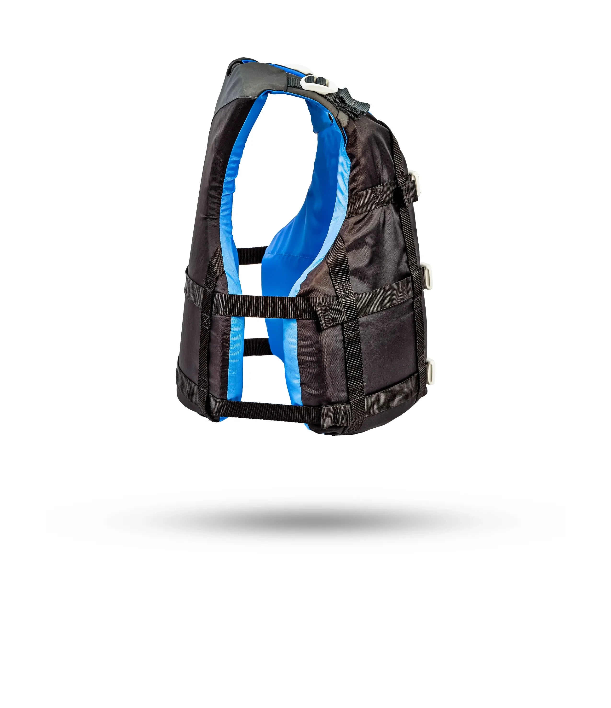 Stohlquist black and blue paddling life jacket with adjustable straps, side view on white background.