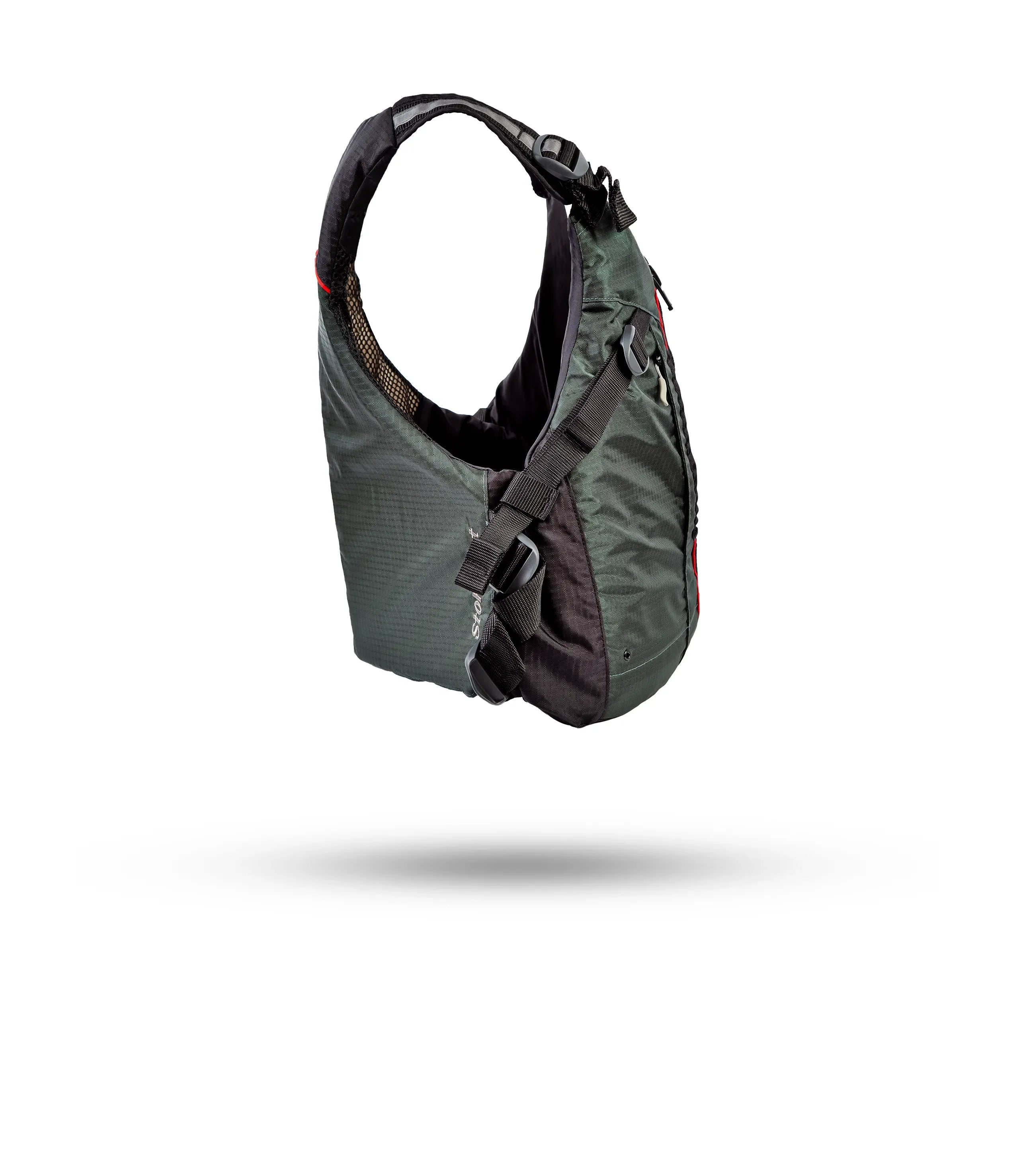 Stohlquist green kayak life jacket with adjustable straps, side view on white background