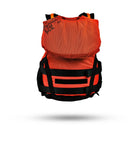 Stohlquist orange kayaking life jacket with black straps, back view, safety gear