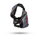 Stohlquist gray and coral kayaking life jacket with adjustable straps and front zipper pocket