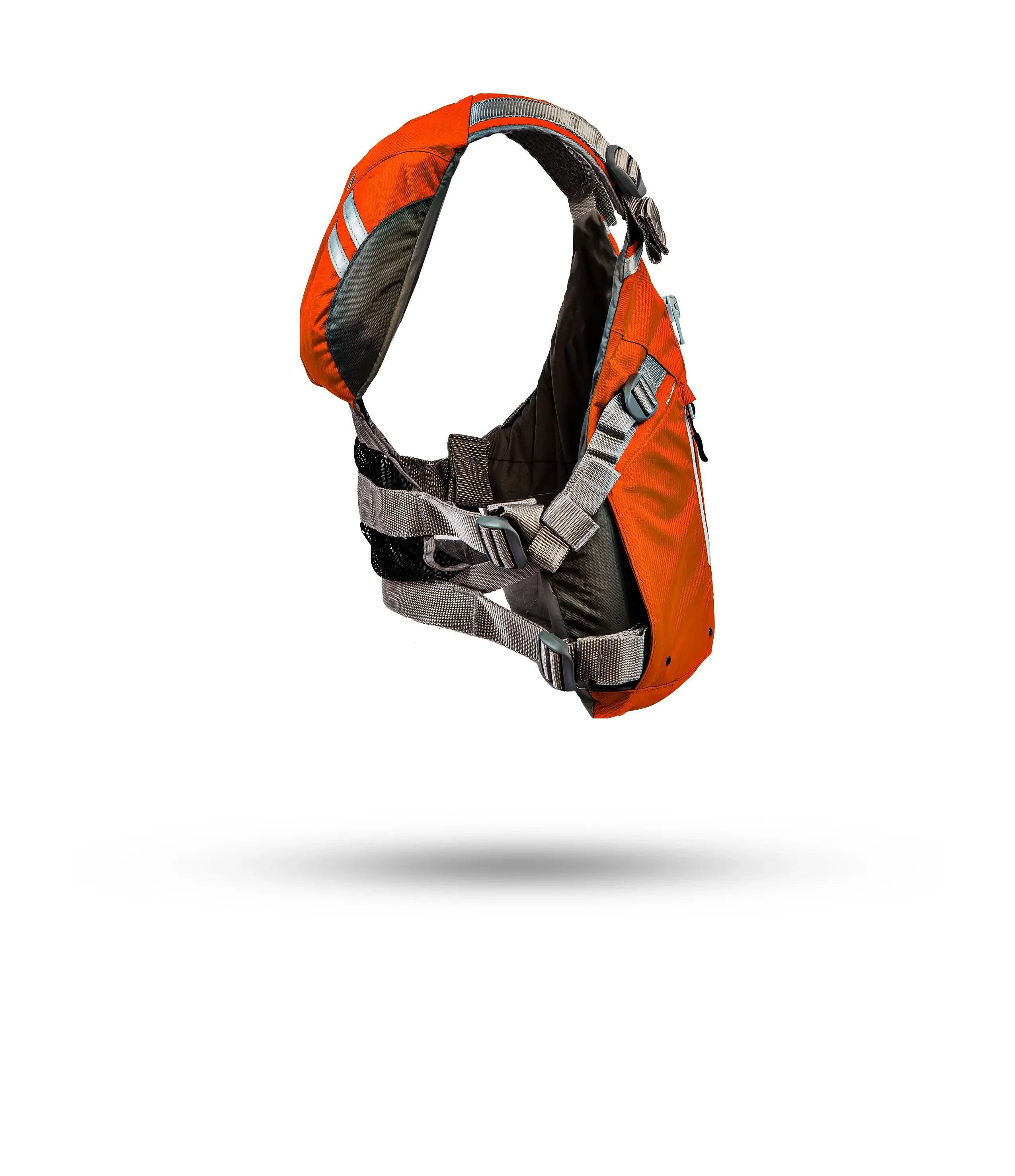 Stohlquist orange and gray kayaking life jacket with adjustable straps, side view