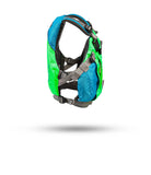 Stohlquist youth green and blue kayaking life jacket side view on white background