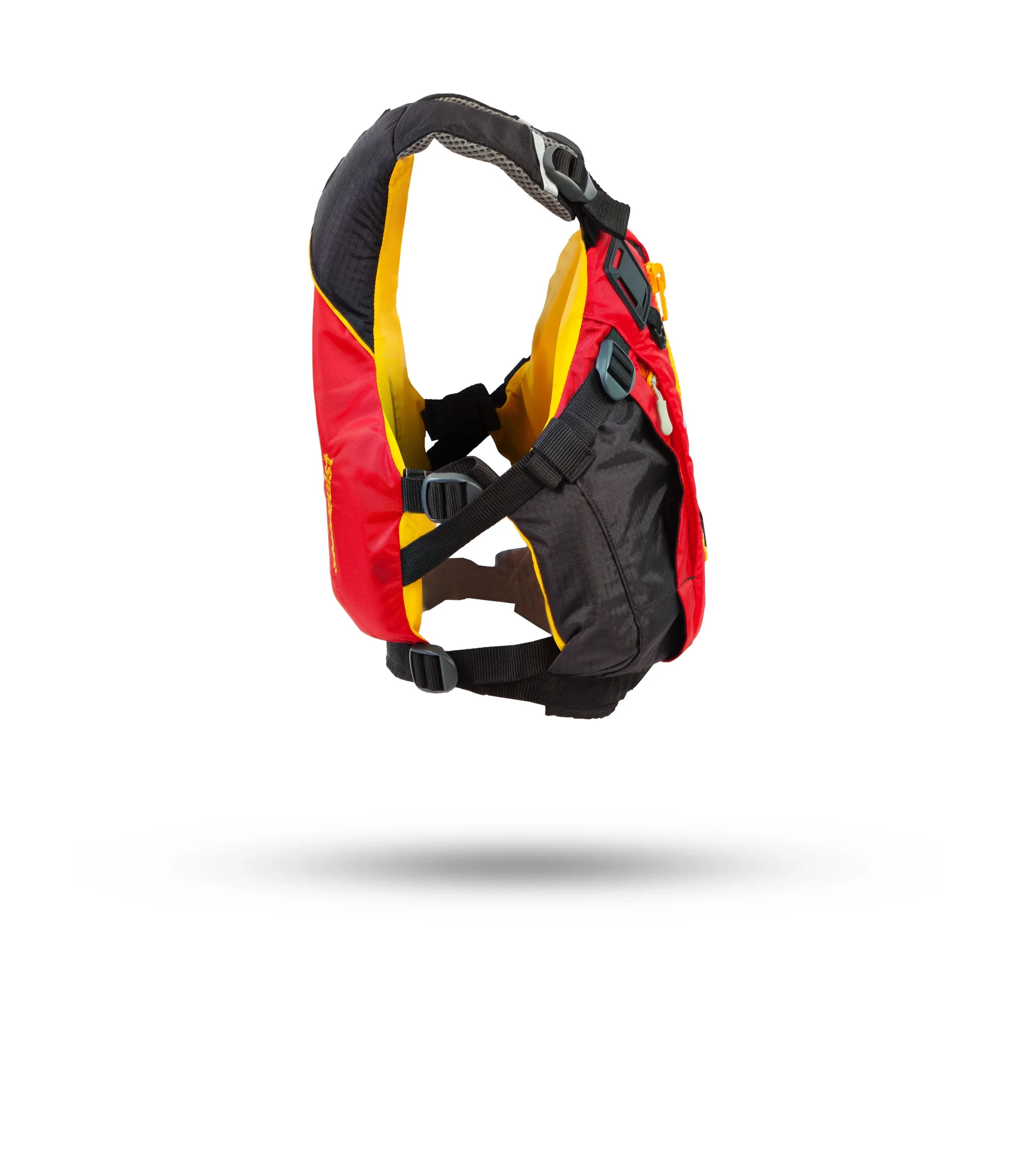 Stohlquist youth kayaking life jacket, red and black, side view, safety gear