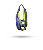 Stohlquist sapphire blue kayaking life jacket with gray straps and neon lining, side view