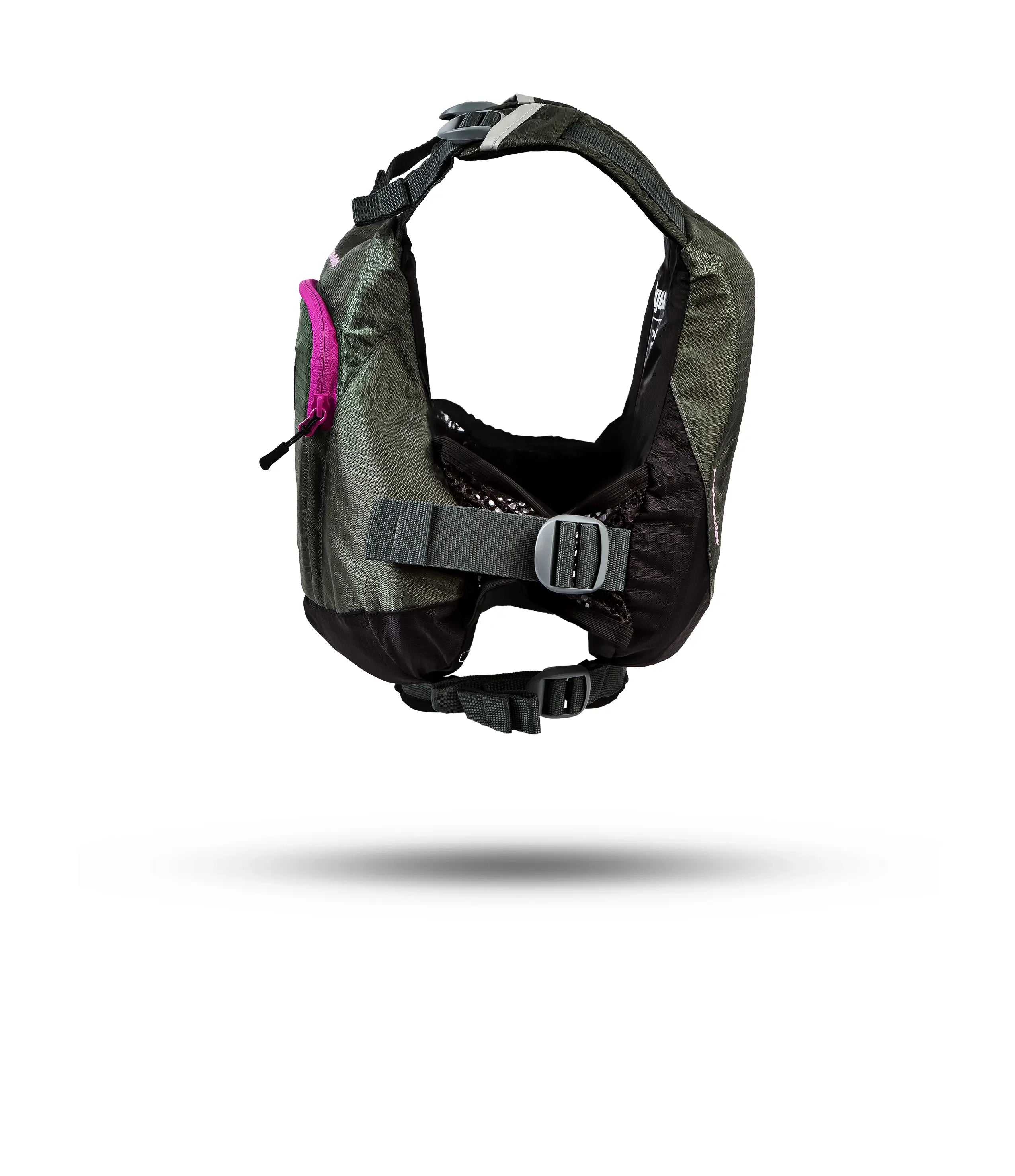Stohlquist gray kayaking life jacket with pink zipper pocket, adjustable straps, side view