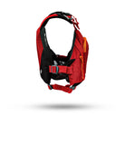 Stohlquist red kayaking life jacket with adjustable straps and mesh panel, side view