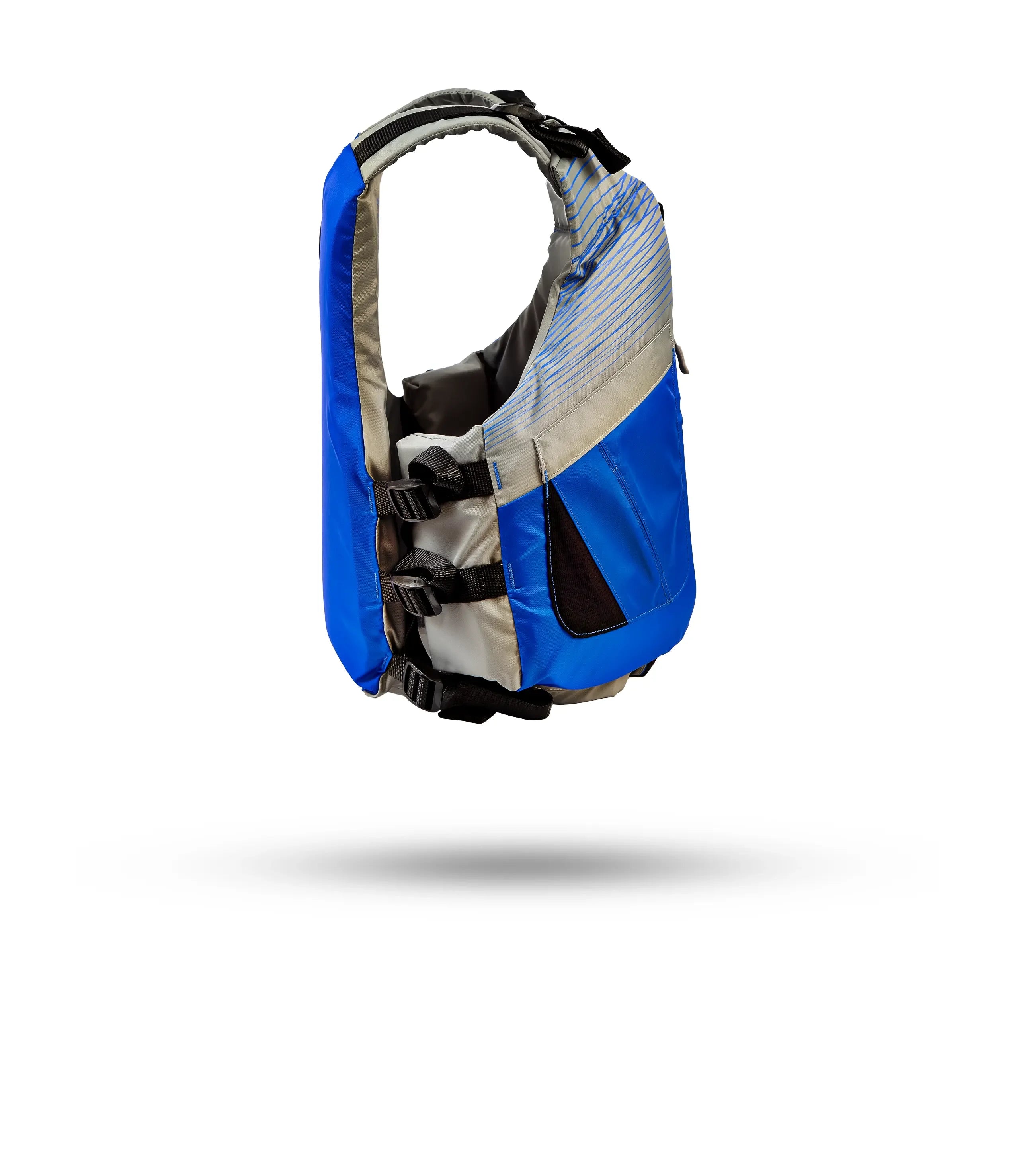 Stohlquist blue and gray kayaking life jacket with adjustable straps, side view